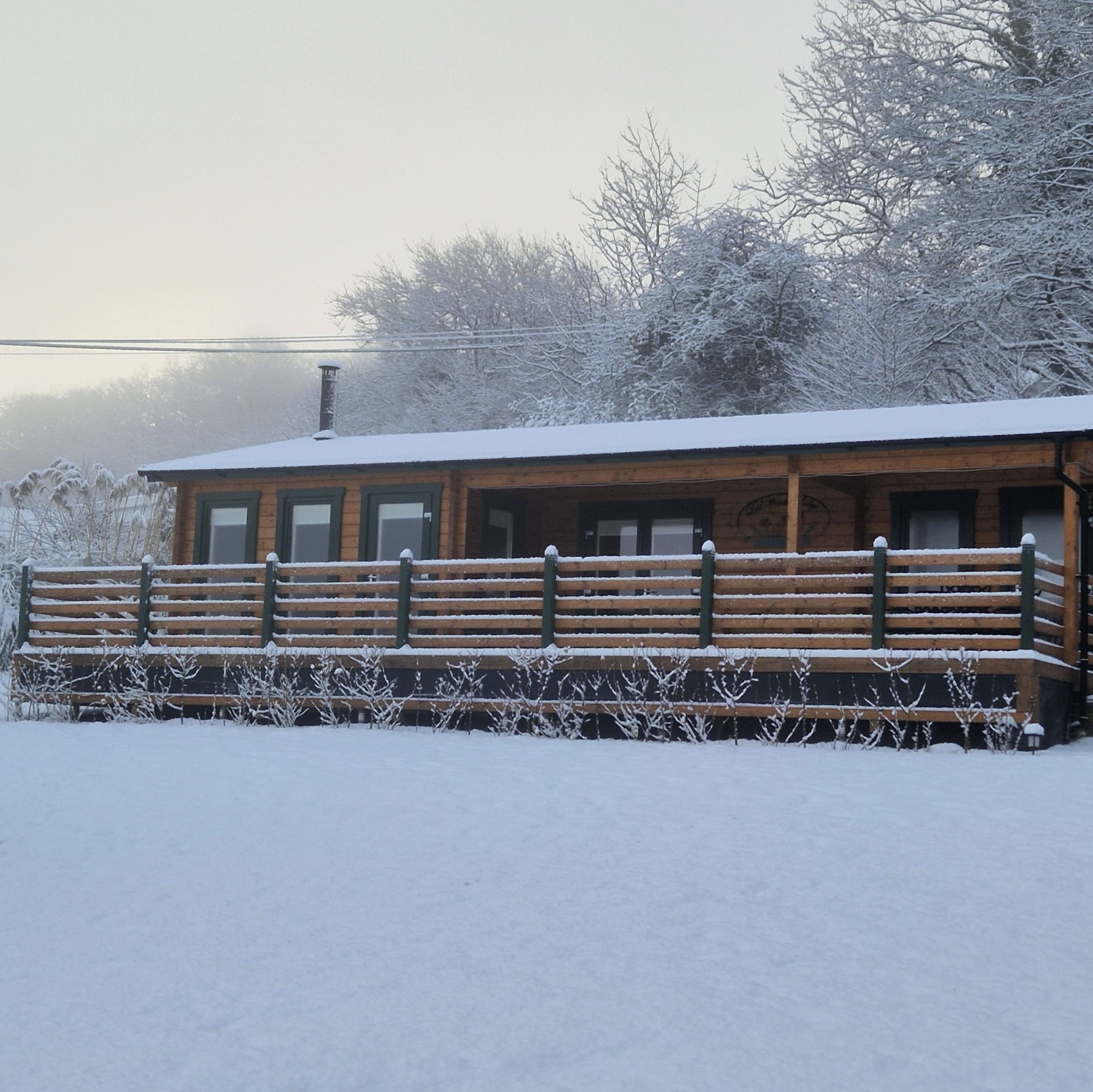 Snow covered exterior of the lodge
